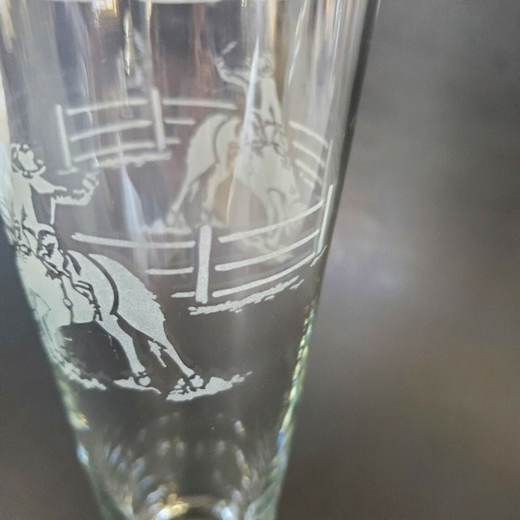 Vtg Rodeo Cowboy Bucking Bronco Tall Etched Pilsner Footed Beer Glass Western - Picture 5 of 9
